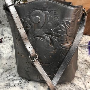 Pewter leather Patricia Nash bucket handbag